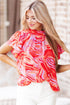 Artistic Muse Abstract Print Ruffle Cascade Mock Neck Blouse